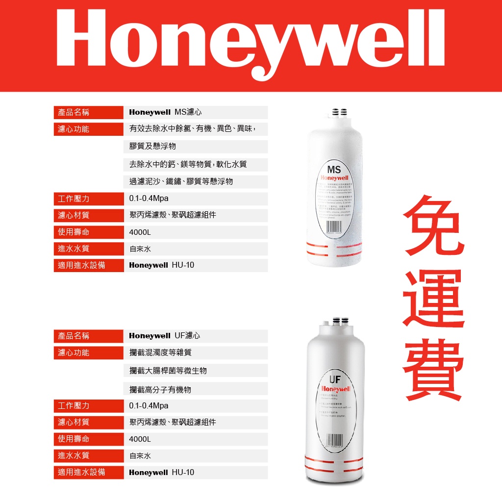 免運 Honeywell MS UF 樹脂 中空絲膜 濾心 濾芯 HU-10 hu10 生飲 淨水器
