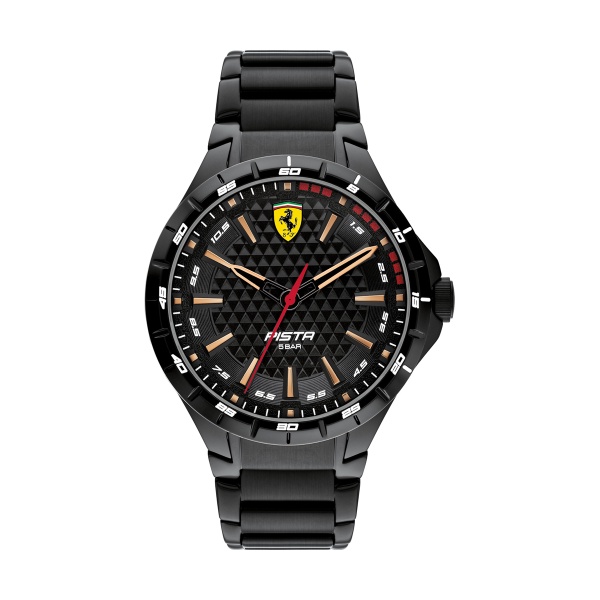 【Ferrari 法拉利】PISTA精緻菱格面盤金針時尚鋼帶腕錶-精黑款/FA0830866/台灣總代理公司貨享兩年保固