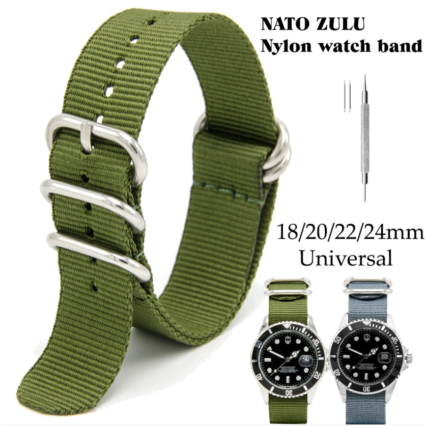 20 毫米北約 ZULU 尼龍錶帶 通用純色腕帶 金屬銀環扣軍事錶帶更換運動透氣鐘帶
