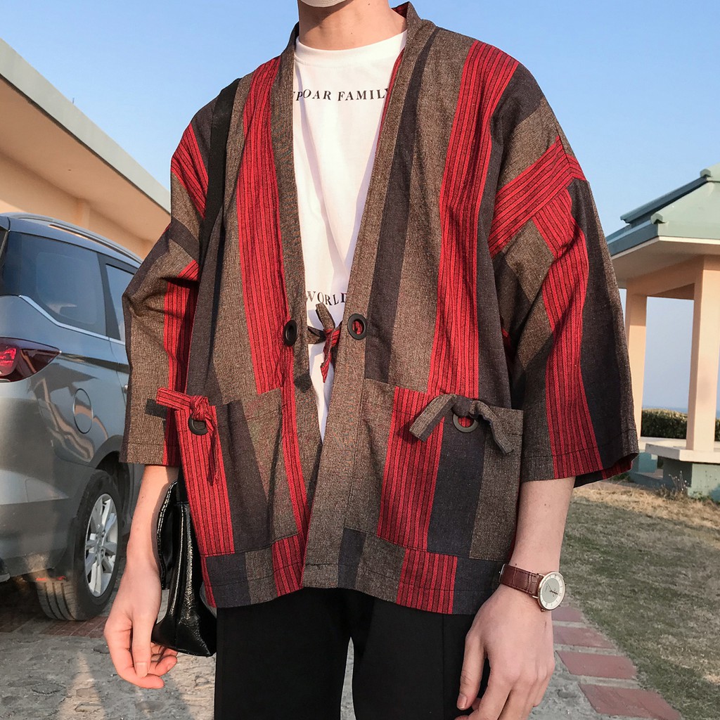 【K-2】レトロ 七分袖 條紋道袍 日本 道袍 甚平 罩衫 和風 合服 個性 穿搭 薄外套【B405】