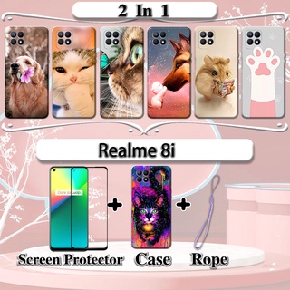 2 合 1 Realme 8i 手機殼帶鋼化玻璃曲面陶瓷螢幕保護膜貓狗