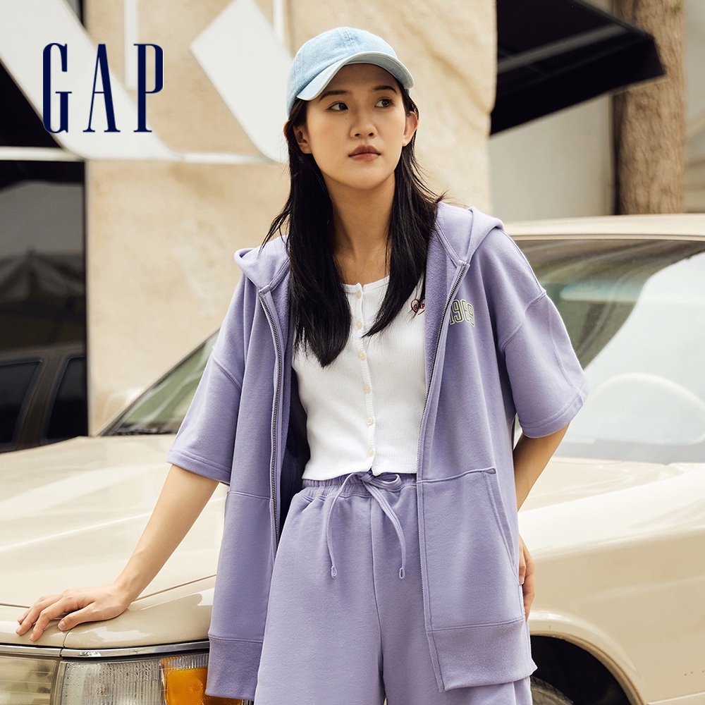 Gap 男女同款 Logo短袖連帽外套 碳素軟磨法式圈織系列-紫色(882287)