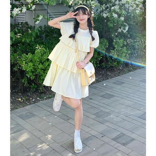 甜美清新奶黃色圓領連衣裙女學生春夏季減齡遮肉顯瘦純色蛋糕裙子
