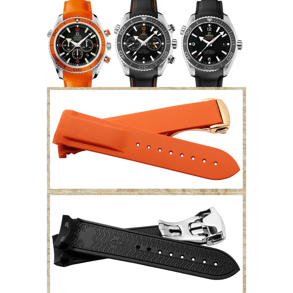 【錶帶家】代用 OMEGA 海馬 海洋宇宙系列黑色及橘色膠帶 22MM 或20MM 含折疊扣蝴蝶扣