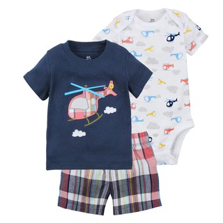 童裝男寶寶純棉套裝三件式直升機T恤和包屁衣T恤及短褲男童純棉套裝