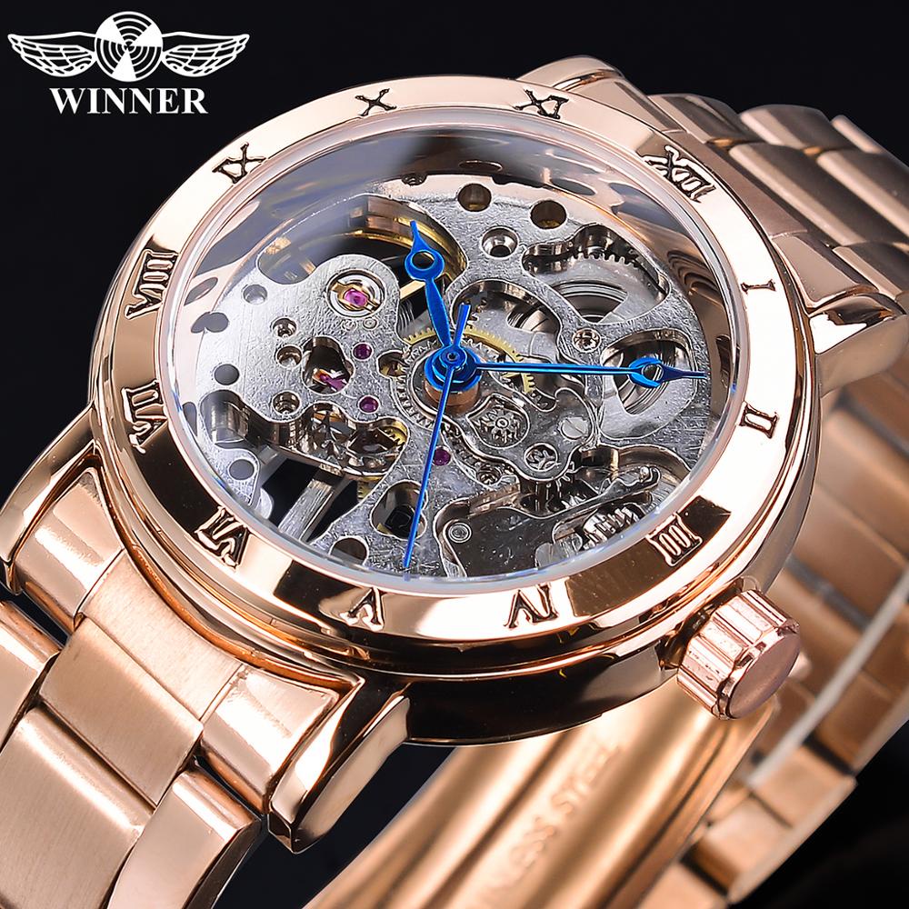WINNER 鏤空錶盤不銹鋼精緻手錶玫瑰金色女士時尚手錶奢侈品牌防水機械鐘