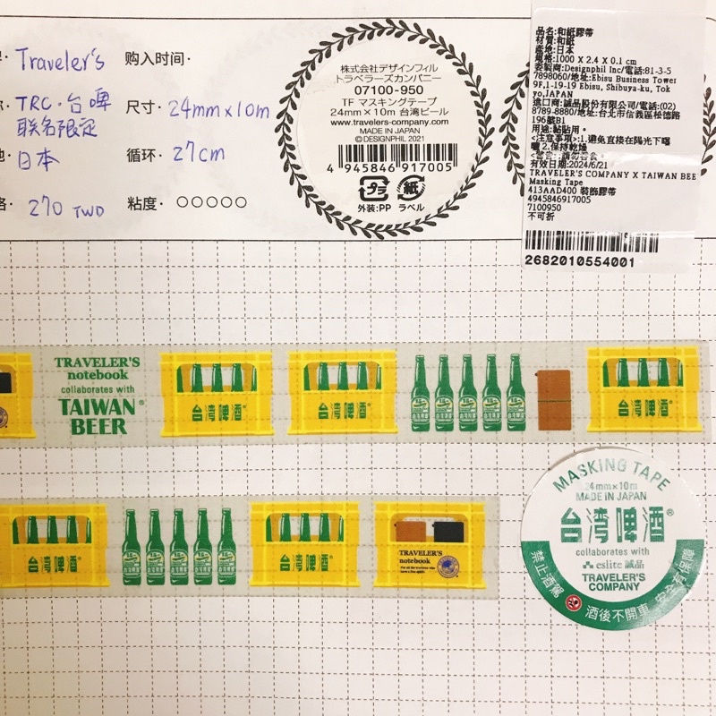 【紙膠帶分裝】Traveler’s company 臺啤 台灣啤酒 聯名限定 手帳 裝飾 日本 maskingtape