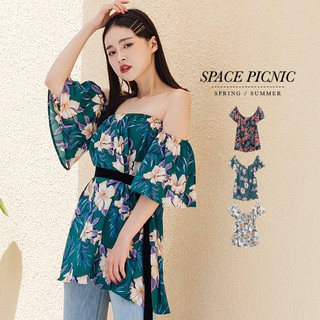 Space Picnic｜花朵一字領寬鬆上衣【C19053048】