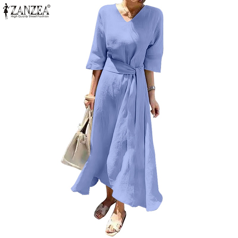 Zanzea 女裝時尚簡約休閒 V 領 3 / 4 袖寬鬆棉質長裙