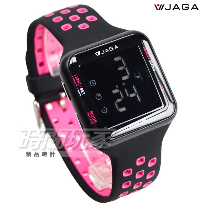 JAGA捷卡 M1179-AG(黑粉) 液晶顯示 方形多功能運動防水電子錶 防水 女錶 運動錶 學生錶【時間玩家】