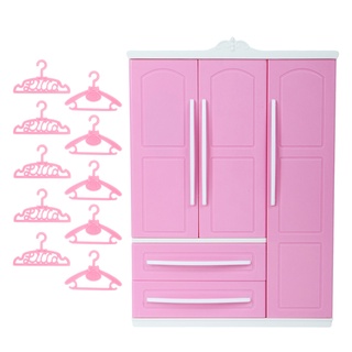 1 套帶鏡子的可愛塑料衣櫥 + 10 個粉色衣架適用於芭比娃娃臥室套裝玩具