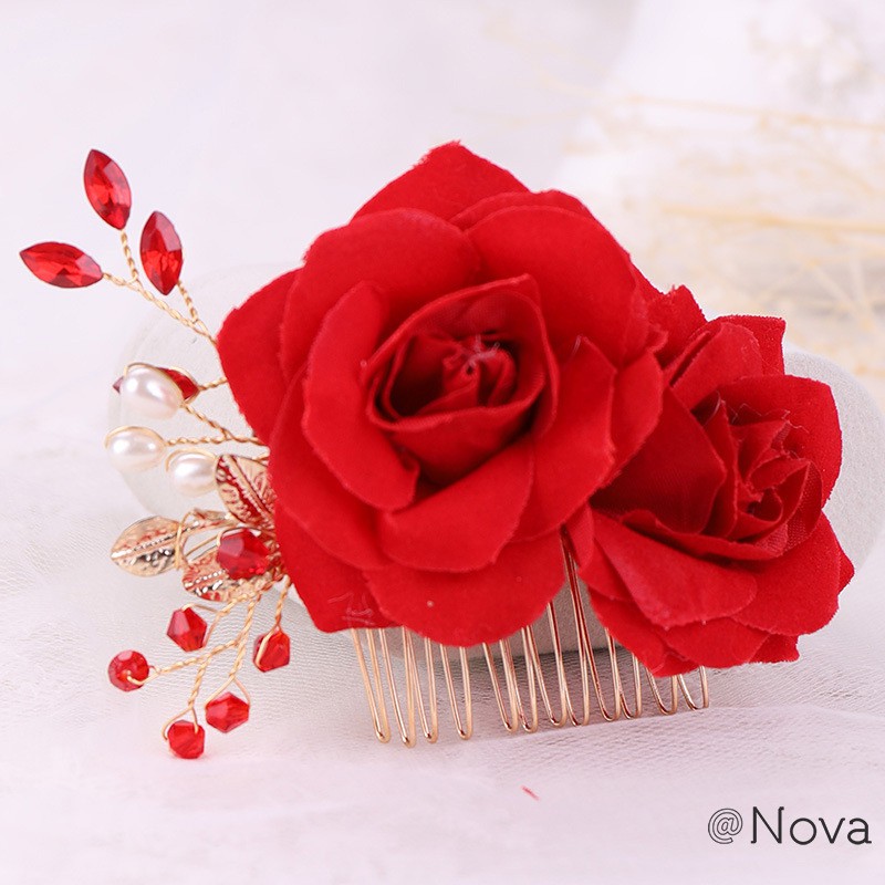 ❤Nova 玫瑰花插梳頭飾 紅色頭花發梳 新款花卉新娘飾品