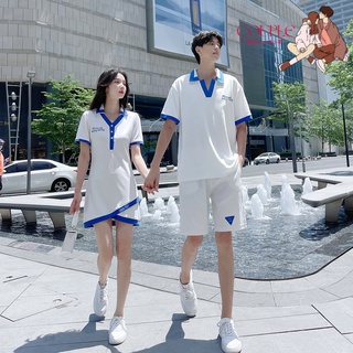 【COUPLE】🔥🔥夏季情侶裝女不規則短款女連裙男短袖繡花學院風T恤衫
