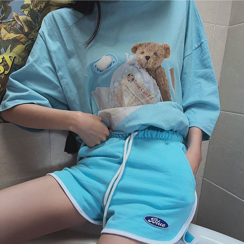正韓【預購】寬鬆長版熊熊女生短袖T恤 乳白 空藍【06.30】東大門-M7412