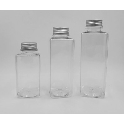 [采庭生活館]300ml/400ml方形透明飲料瓶 PET網紅塑膠透明瓶  空瓶銀鋁蓋 水瓶冷泡茶果汁瓶