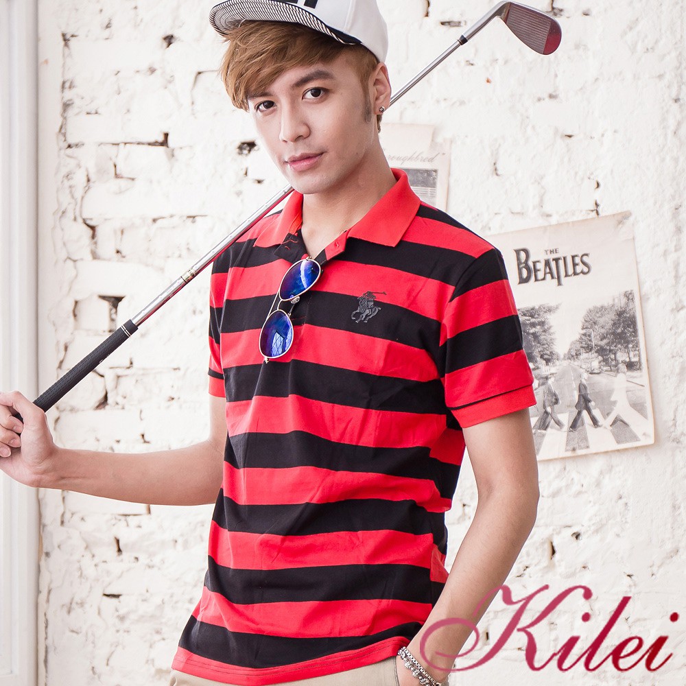 【Kilei】休閒撞色橫條紋POLO衫XA1450(搶眼紅黑)賠售特價