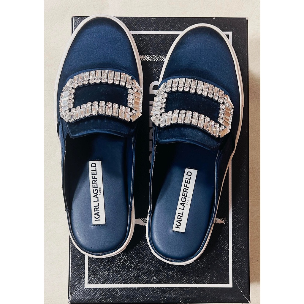 全新 老佛爺卡爾 Karl Lagerfeld 緞面的水鑽平底運動鞋 穆勒鞋款 藍us6.5(23.5公分) 絕版商品