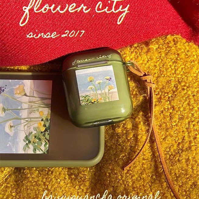 法式flower city適用AirPods123代蘋果軟殼復古蘋果耳機套i12掛繩