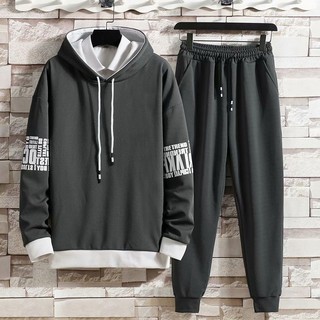 S-3XL 休閒寬鬆套裝 情侶套裝 束腳褲 連帽T 男生長袖連帽套裝 運動套裝 連帽套裝 男生衣著 運動上衣 長褲男
