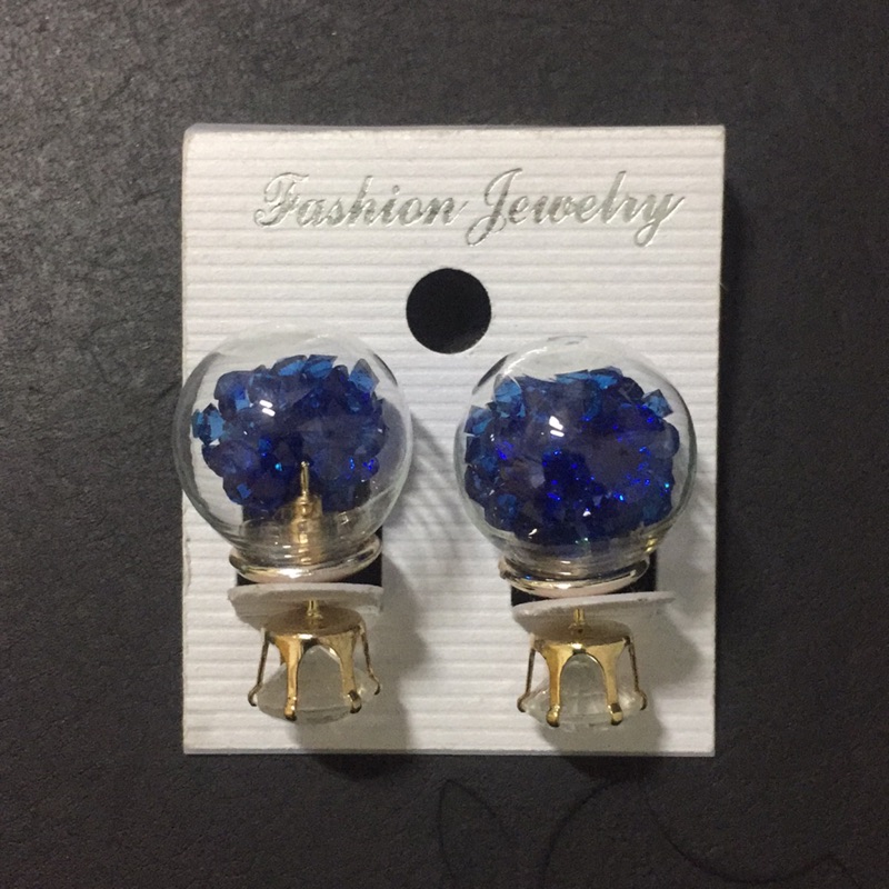 ［全新正貨］韓系水晶風藍色小礦石玻璃珠耳環