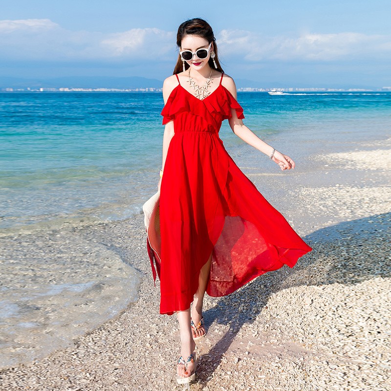 荷葉邊吊帶紅色雪紡波希米亞海灘露背裙度假長款洋裝