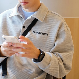 【M-3XL】灰色POLO衫 日系男士寬鬆POLO衫 美式寬鬆休閒翻領上衣 華夫格長袖POLO衫
