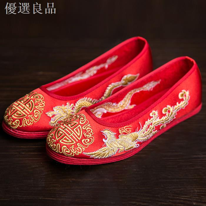 新品熱賣 紅色婚鞋新娘秀禾鞋中式婚禮龍鳳繡布鞋千層底平底繡花鞋布
