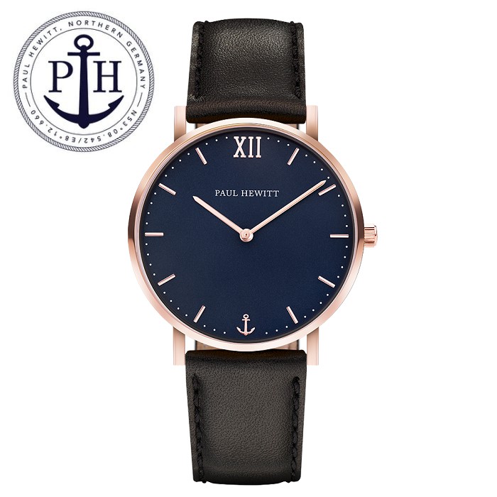 PAUL HEWITT 《PH》德國船錨 經典系列錶款36/39mm(黑色皮質表帶) 玫瑰金x藍面【第一鐘錶眼鏡】