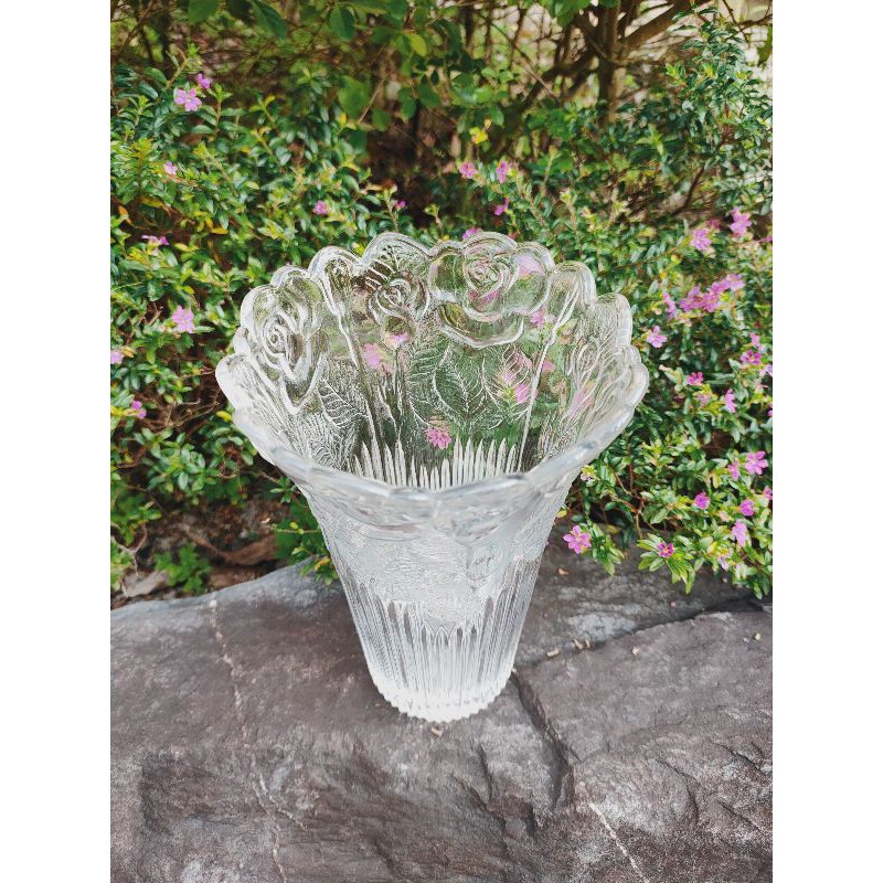 老木青 |早期義大利borgonovo米蘭水晶玻璃花瓶 進口花瓶 浪漫花朵 大方優雅 收藏擺件