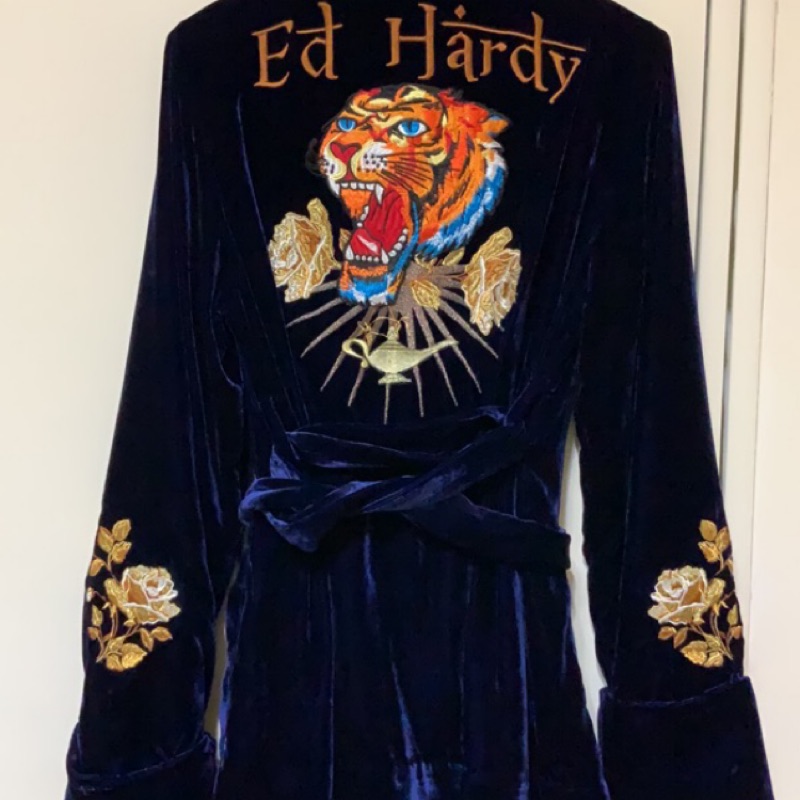 全新：Ed hardy絲絨西裝剪裁經典老虎頭刺繡蟬絲外套/上身效果很顯瘦