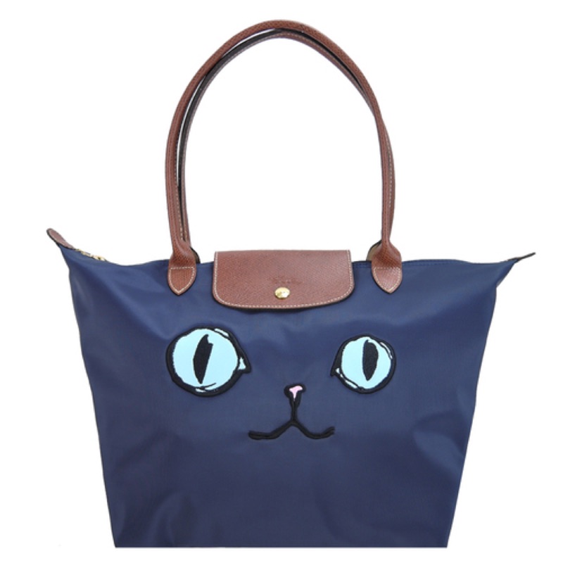 Longchamp藍色貓咪長背帶水餃包九成九新2605附提袋