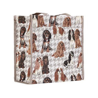 【Signare】英國品牌 查爾斯王犬動物壓紋編織方形硬挺大容量多夾層購物肩背包