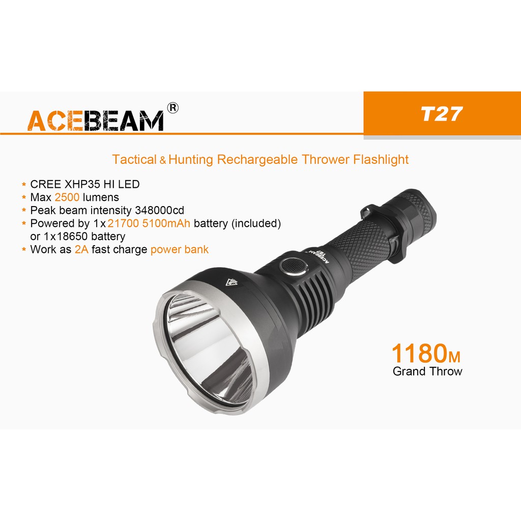 【電筒王】 ACEBEAM T27 2500流明 最遠射程1180米 高亮遠射手電筒 USB直充 21700 含電池