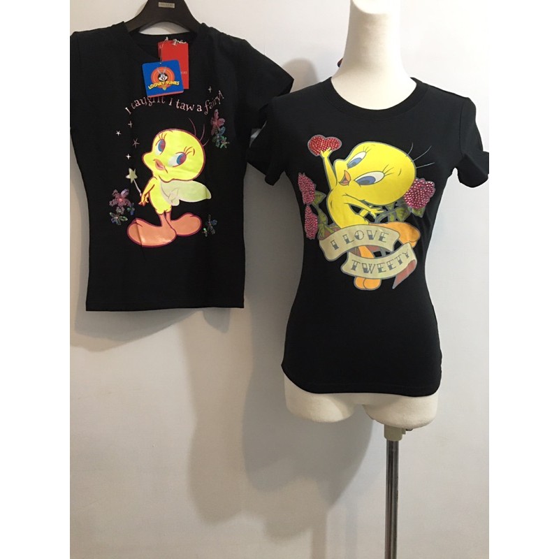 日本品牌 cecil mcbee looney tunes Tweety華納卡通聯名崔弟翠蒂金絲雀 黑短T 黑色短袖T恤