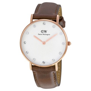 DANIEL WELLINGTON DW 手錶 34mm 水鑽 皮錶帶 玫瑰金 0950DW