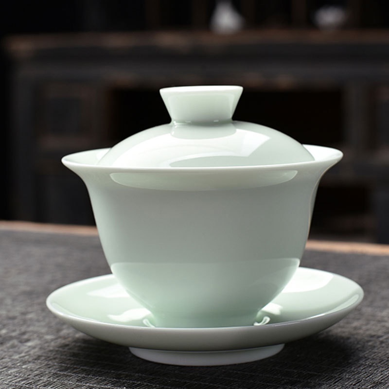 翡翠綠三才蓋碗單個品茗小茶杯子茶壺公道杯過濾陶瓷功夫茶碗