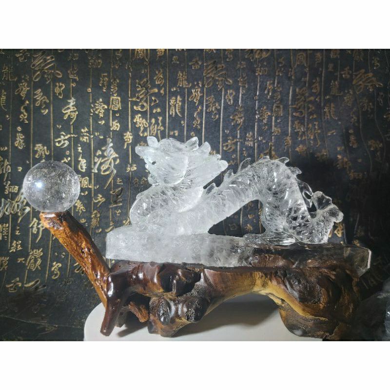 《晶華》水晶 白水晶 祥龍戲珠 根雕木座 尊貴吉祥權力的象徵   04BI01