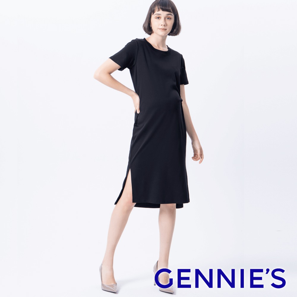 【Gennies 奇妮】絲光純色扭結孕婦洋裝-黑 (T1L08)