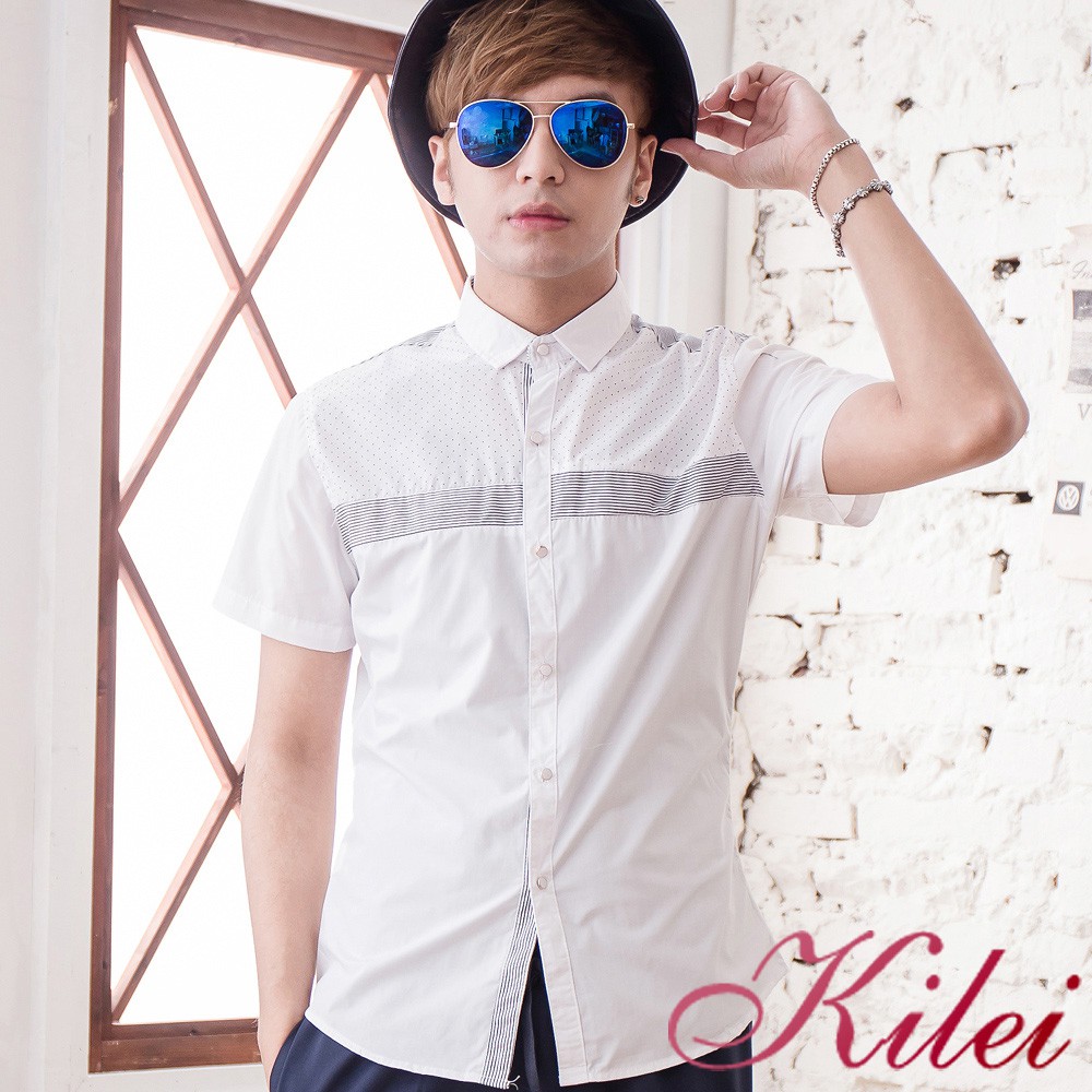 【Kilei】簡約撞色橫條短袖襯衫XA1459(氣質白)賠售特價