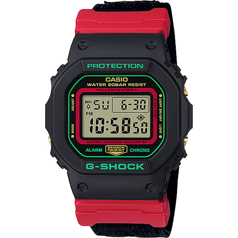 CASIO 卡西歐  G-SHOCK 紅武士 帆布錶帶手錶(DW-5600THC-1)