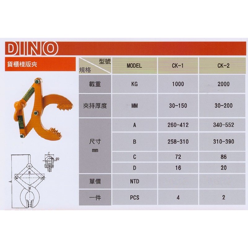 DINO 2T 2噸 2TON 棧板夾 貨櫃鉆板夾 貨櫃棧板夾 夾具 吊夾 吊具
