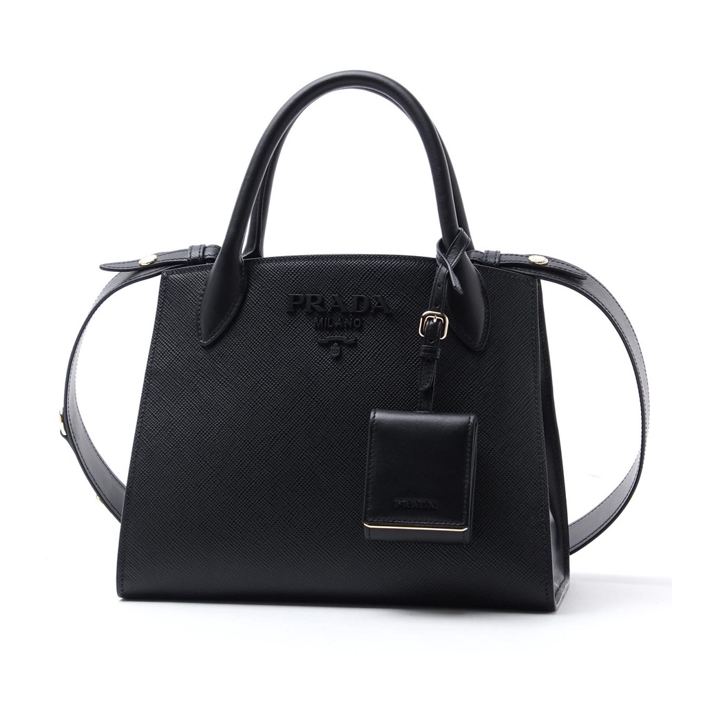 Prada 1BA156 Prada Monochrome Saffiano 鎖頭皮革包 黑色