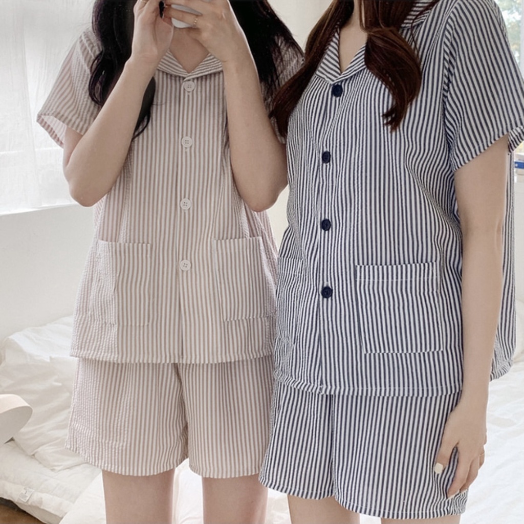 【XY Shop】💕新款 Juuneedu 短袖 直線條 套裝 情侶睡衣 上衣 褲子 韓國 睡衣品牌 居家小物