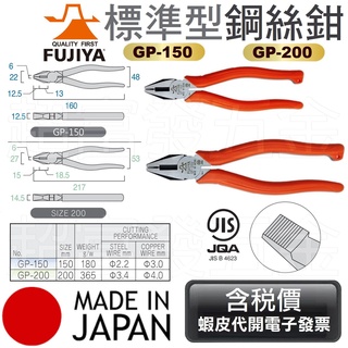 超富發五金 日本 FUJIYA 富士箭 鋼絲鉗 GP 150 200 超越K牌 鐵線鉗 老虎鉗 電工鉗 水電鉗 小鐵剪
