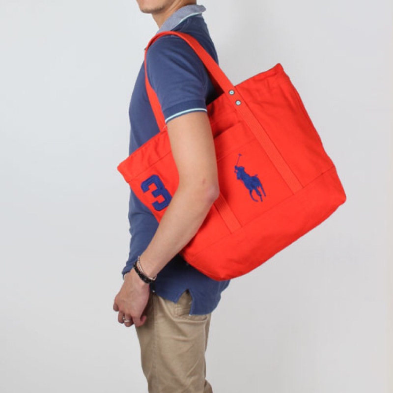 二手正品 Ralph Lauren POLO 經典大馬LOGO帆布購物托特包