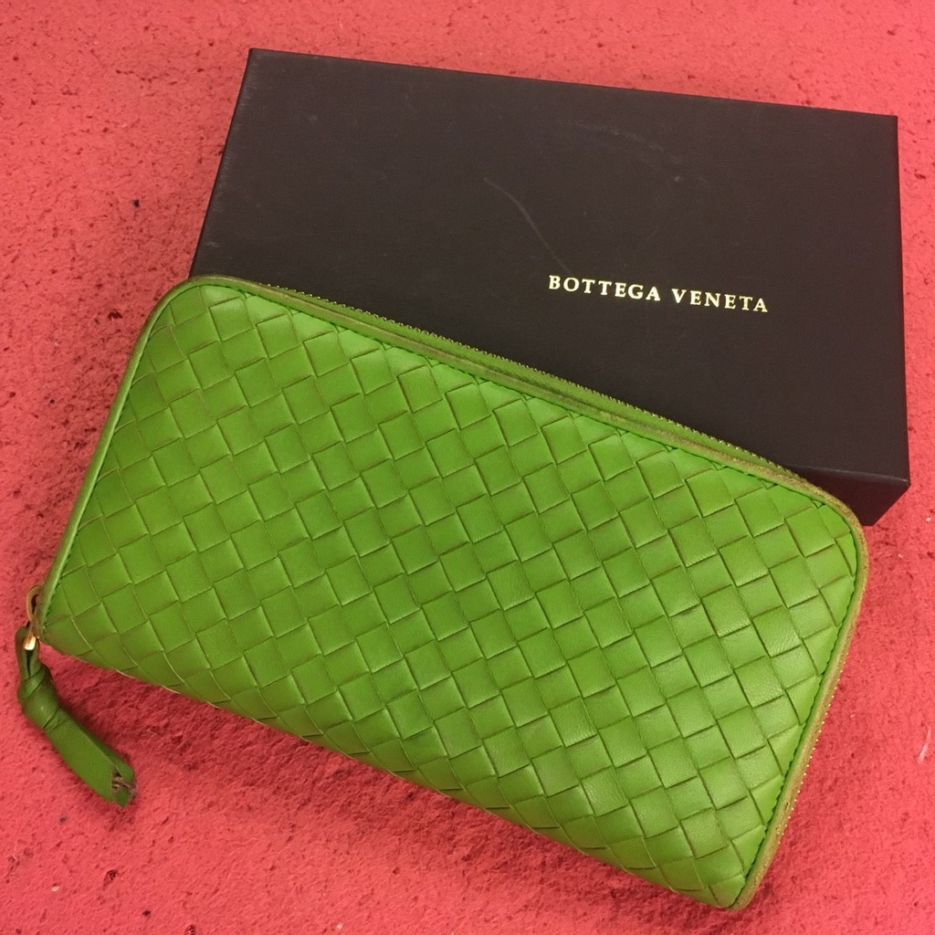 二手 BOTTEGA VENETA BV 拉鍊 長夾 皮夾 綠色 正品