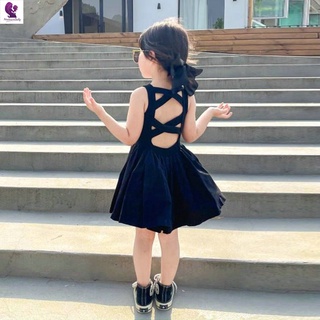 女童連衣裙 韓版兒童公主裙 女童連衣裙夏季童裝裙子女寶寶韓版氣質露背黑色吊帶裙女孩背心裙