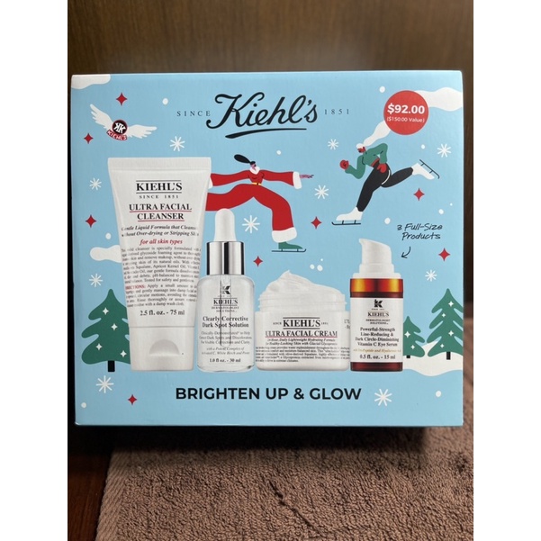 現貨-Kiehl’s 超值四件組禮盒-激光極淨淡斑精華、超能左型C撫紋亮眼精華、冰河保濕潔面乳、冰河醣蛋白保濕霜