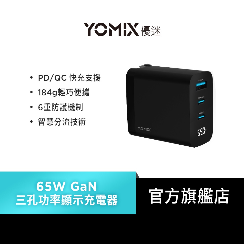 【YOMIX優迷】65W GaN氮化鎵USB-C PD/QC3.0三孔電量顯示充電器/筆電快充(GaN-X5)