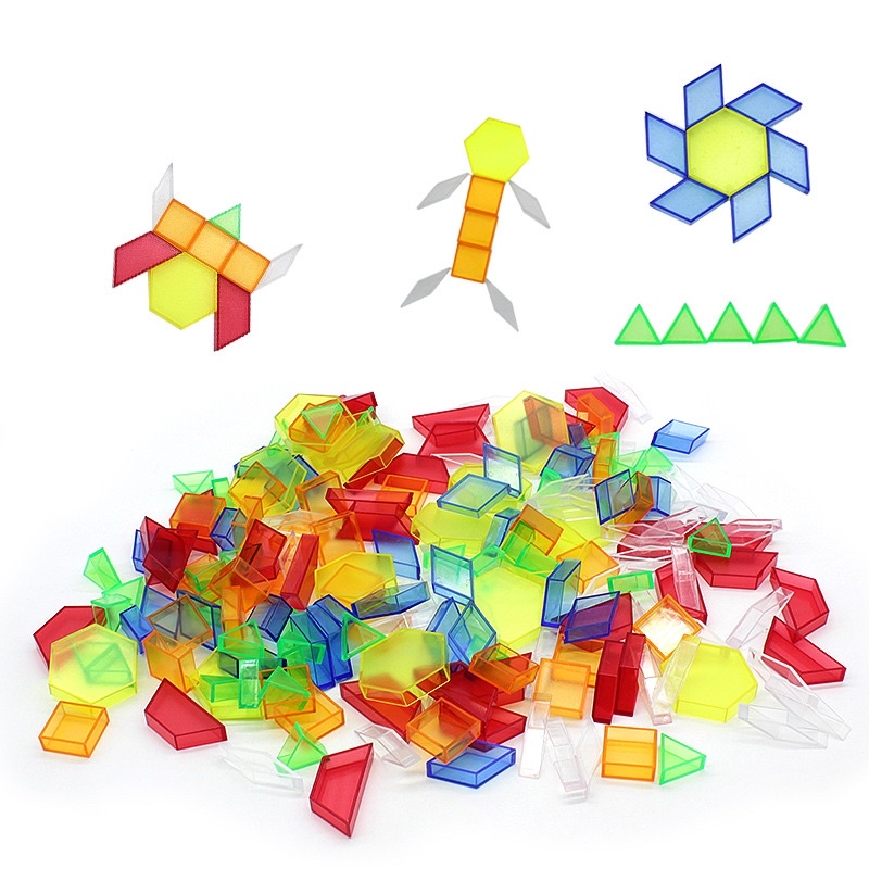 數學幾何彩色透明中空積木 七巧板 透明幾何拼圖、顏色片 透光積木